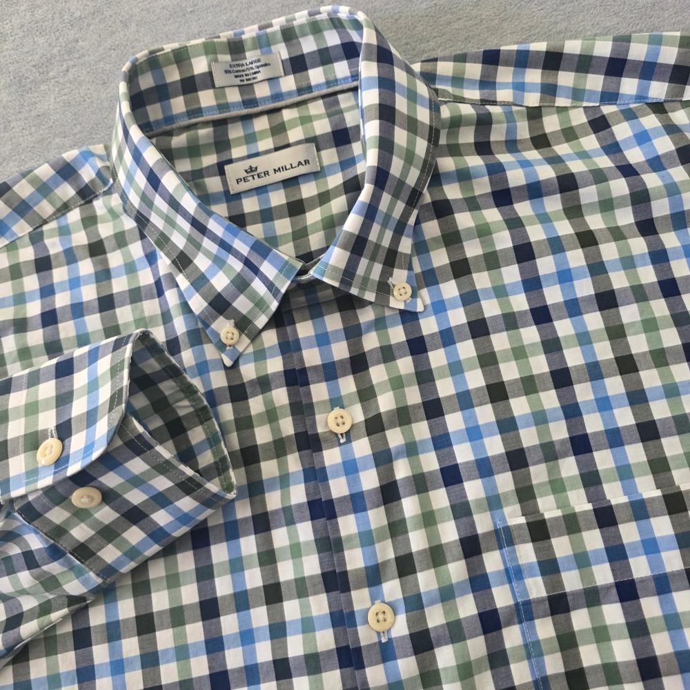 Peter Millar Mens XL Blue Green Gingham Check Stretch Cotton Button Down Shirt